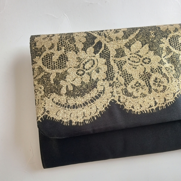 Black Gold Evening Lace Satin Formal Purse Clutch - Picture 5 of 6